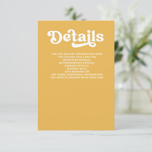 Retro Groovy 70s Mooie Gele Trouwdag Informatiekaartje (Staand voorkant)