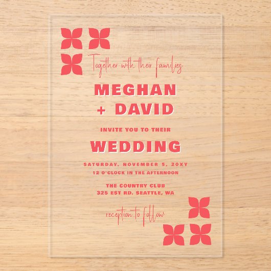 Retro Groovy 70s Patroon Roze Rood Bruiloft Acryl Uitnodigingen (Voorkant)