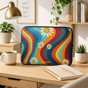 Retro Groovy 70's Regenboog Madeliefje Laptop Sleeve