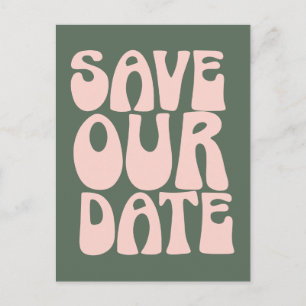 Retro Groovy 70s Roze en Groen Bewaar de Datum Briefkaart