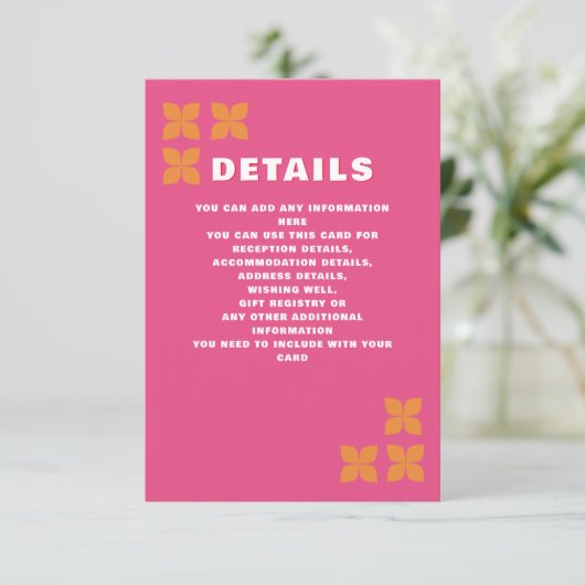 Retro Groovy 70s Roze Sinaasappel bruiloft Informatiekaartje (Staand voorkant)