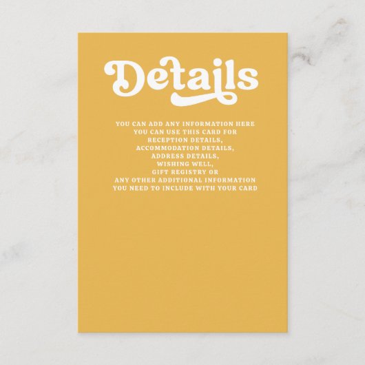 Retro Groovy 70s Schattige geel bruiloft Informatiekaartje (Voorkant)