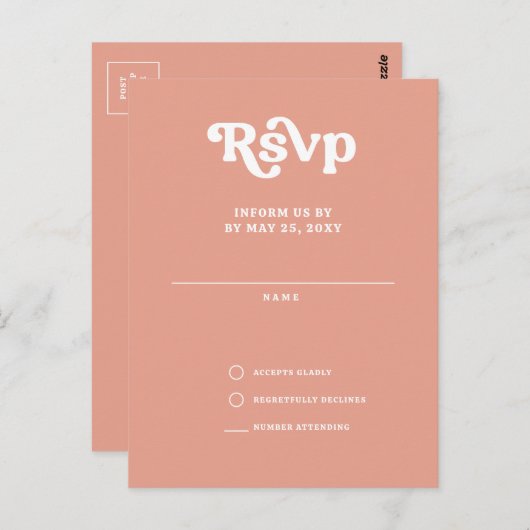 Retro Groovy 70s Schattige Roze Blush QR RSVP Briefkaart (Voorkant / Achterkant)