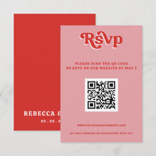 Retro Groovy 70s Schattige Roze en Rode QR-code RSVP Kaartje