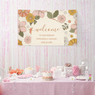 Retro Groovy 70's thema gedempte tonen bruiloft Spandoek