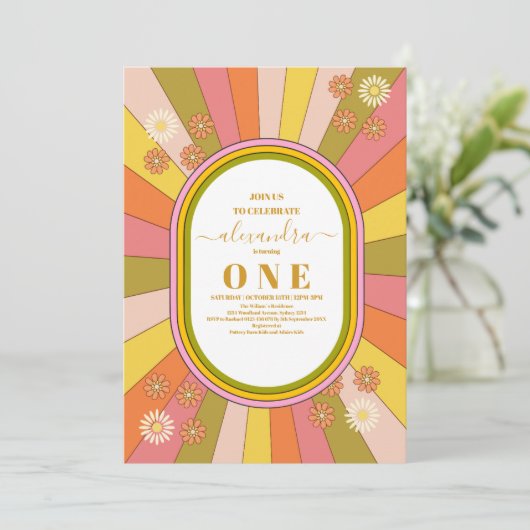 Retro Groovy 70's Theme Muted Tones 1e Verjaardag Kaart (Staand voorkant)