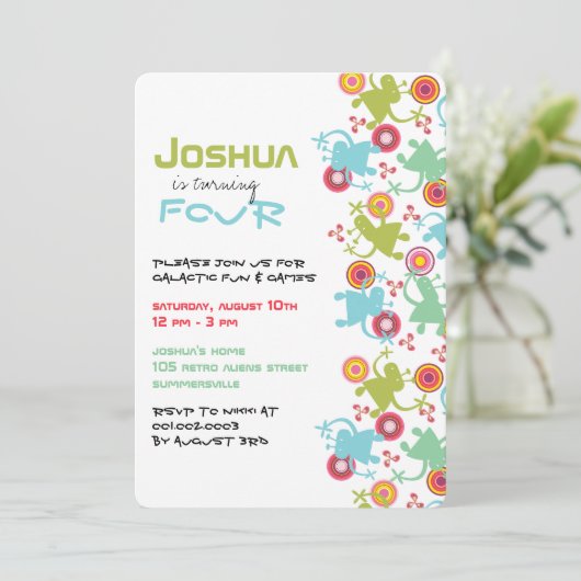 Retro Groovy Aliens Kinder Foto Birthday Uitnodigi Kaart (Staand voorkant)