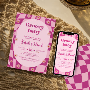 Retro Groovy Baby Meisje Floral 70s baby shower Kaart
