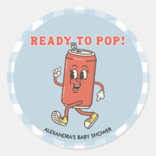 Retro Groovy Blauwe Gingham Ze staat op springen Ronde Sticker