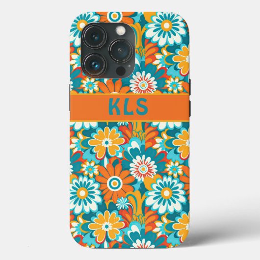 Retro Groovy Blauwgroen Sinaasappel & geel bloemmo Case-Mate iPhone Case (Achterkant)