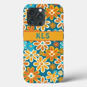 Retro Groovy Bloemen Blauwgroen Geel & Sinaasappel iPhone 13 Pro Hoesje