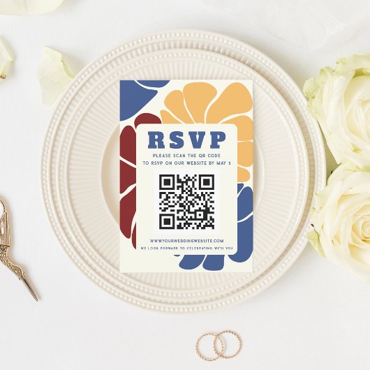 Retro Groovy Boho Chic Bloemen Bruiloft QR CODE RSVP Kaartje