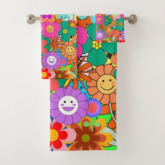 Retro Groovy Boho Hippie Flowers Bad Handdoek (Insitu)