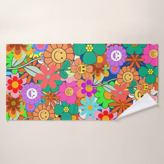 Retro Groovy Boho Hippie Flowers Badhanddoek (Badhanddoek)