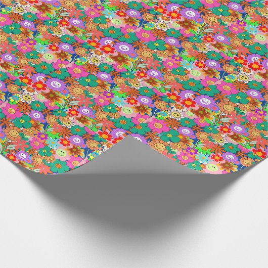 Retro Groovy Boho Hippie Flowers Cadeaupapier (Hoek)