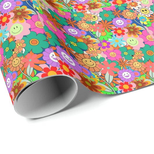 Retro Groovy Boho Hippie Flowers Cadeaupapier (Rol Hoek)