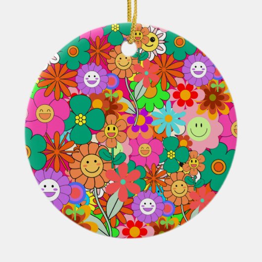 Retro Groovy Boho Hippie Flowers Keramisch Ornament (Voorkant)