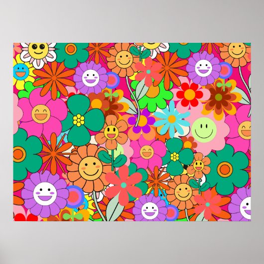 Retro Groovy Boho Hippie Flowers Poster (Voorkant)