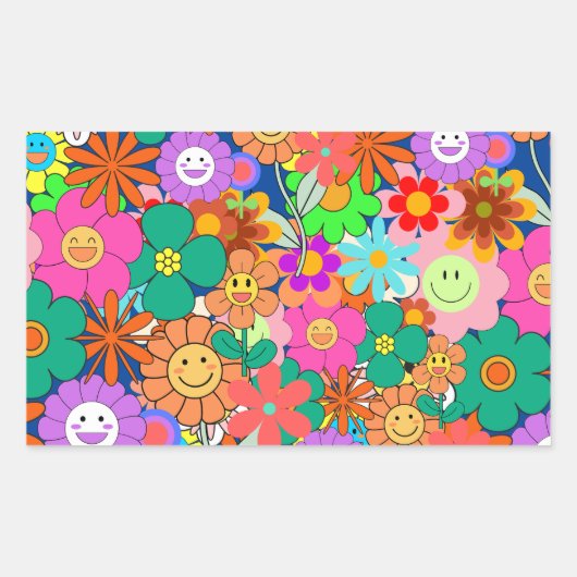 Retro Groovy Boho Hippie Flowers Rechthoekige Sticker (Voorkant)