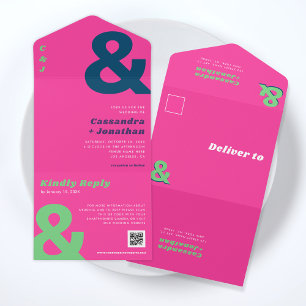 Retro Groovy Bold Bright Ampersand QR Code Bruilof All In One Uitnodiging
