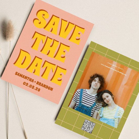 Retro Groovy Bold & Bright Boho Wedding QR-code Save The Date