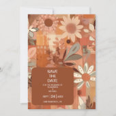 Retro Groovy brandwond sinaasappel bloemenbruiloft Save The Date (Voorkant)