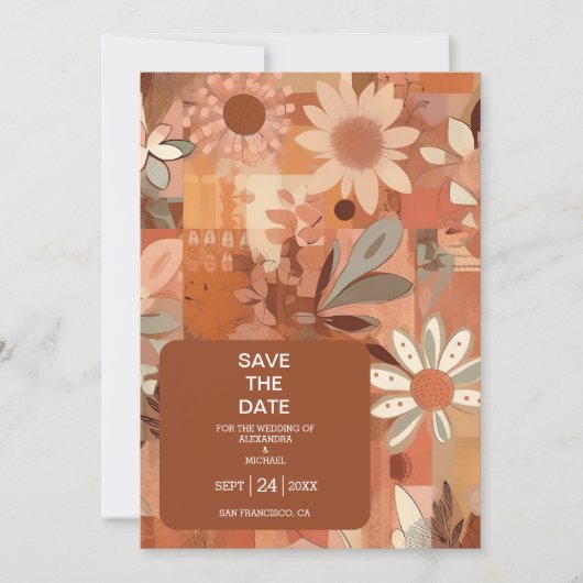 Retro Groovy brandwond sinaasappel bloemenbruiloft Save The Date (Voorkant)