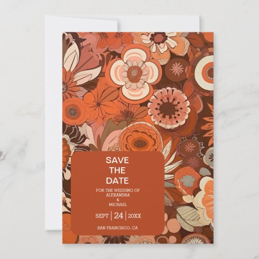 Retro Groovy brandwond sinaasappel bloemenbruiloft Save The Date (Voorkant)