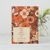 Retro Groovy brandwond sinaasappel bloemenbruiloft Save The Date (Staand voorkant)