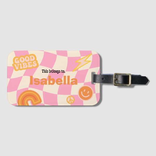 Retro Groovy Checkerboard naam Bagagelabel (Voorkant (horizontaal))