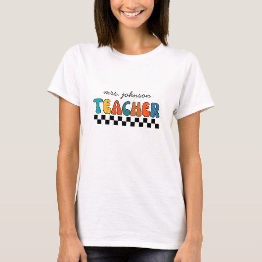 Retro Groovy & Checkered Teacher T-shirt (Voorkant)