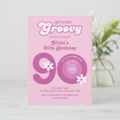 Retro Groovy Daisies Bold Pink 90th Verjaardag Kaart (Staand voorkant)