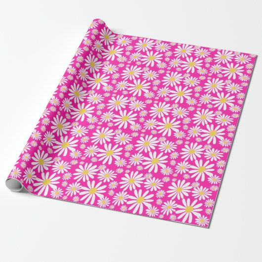 Retro Groovy Daisies Spring Daisy Pattern roze Cadeaupapier (Uitgerold)