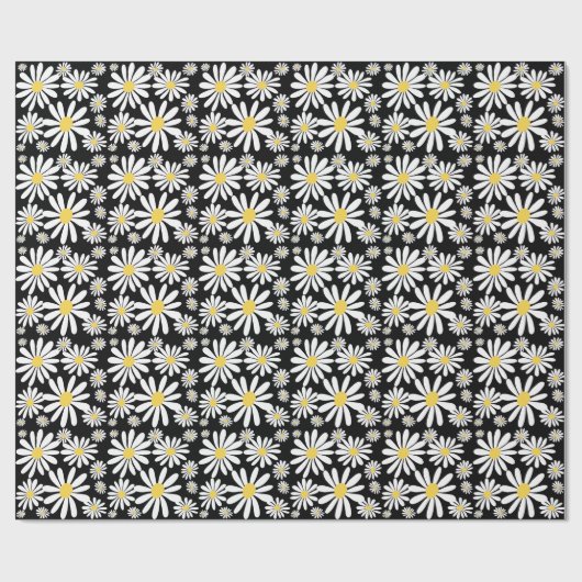 Retro Groovy Daisies Spring Pattern Black Cadeaupapier (Vlak)