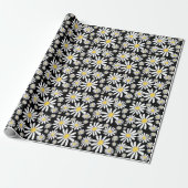 Retro Groovy Daisies Spring Pattern Black Cadeaupapier (Uitgerold)