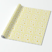 Retro Groovy Daisies Spring Pattern Pastel Yellow Cadeaupapier (Uitgerold)