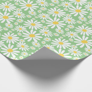 Retro Groovy Daisies Spring Pattern Sage Green Cadeaupapier