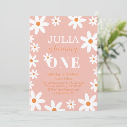 Retro Groovy Daisy Boho Meisje 1e Verjaardagsfeest Kaart (Staand voorkant)