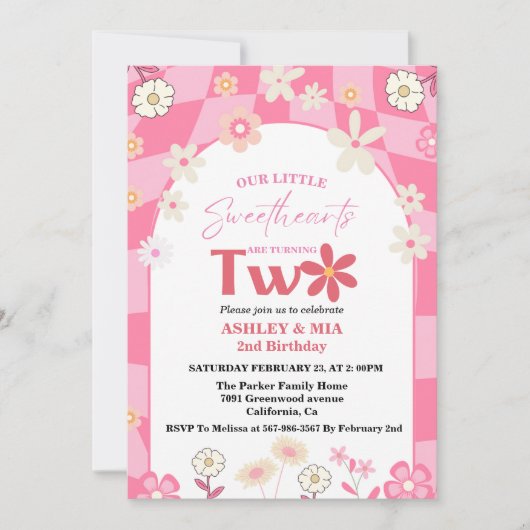 Retro Groovy Daisy Boho Twin 2e verjaardag Kaart (Voorkant)