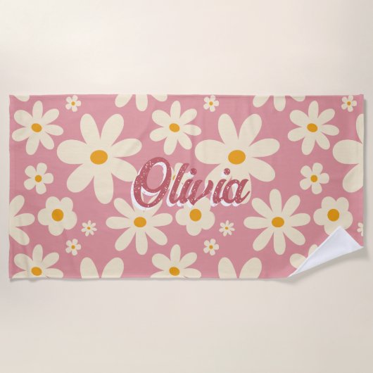 Retro groovy daisy boho woestijn roze gepersonalis strandlaken (Voorkant)