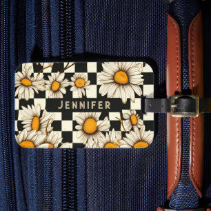 Retro Groovy Daisy Checkerboard gepersonaliseerde  Bagagelabel