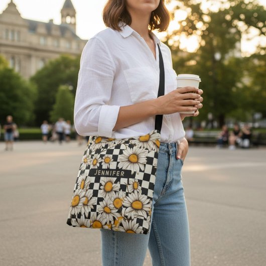 Retro Groovy Daisy Checkerboard gepersonaliseerde  Crossbody Tas