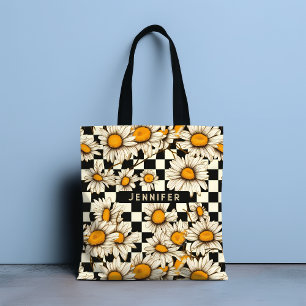 Retro Groovy Daisy Checkerboard gepersonaliseerde Draagtas