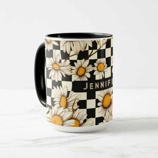 Retro Groovy Daisy Checkerboard gepersonaliseerde  Mok (Voorkant links)
