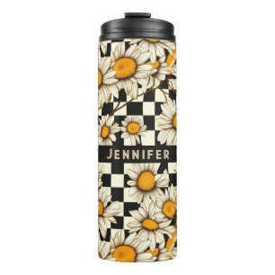 Retro Groovy Daisy Checkerboard gepersonaliseerde  Thermosbeker