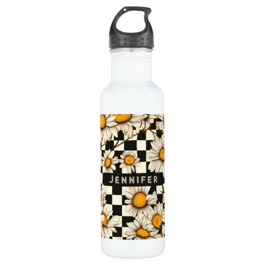 Retro Groovy Daisy Checkerboard gepersonaliseerde  Waterfles (Voorkant)