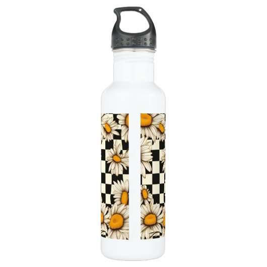 Retro Groovy Daisy Checkerboard gepersonaliseerde Waterfles (Achterkant)