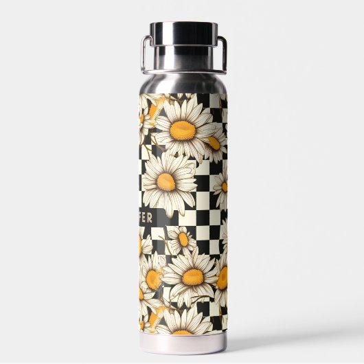 Retro Groovy Daisy Checkerboard gepersonaliseerde Waterfles (Achterkant)
