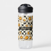 Retro Groovy Daisy Checkerboard gepersonaliseerde Waterfles (Voorkant)