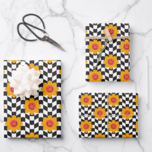 Retro Groovy Daisy Flower Aesthetic Checkered Inpakpapier Vel